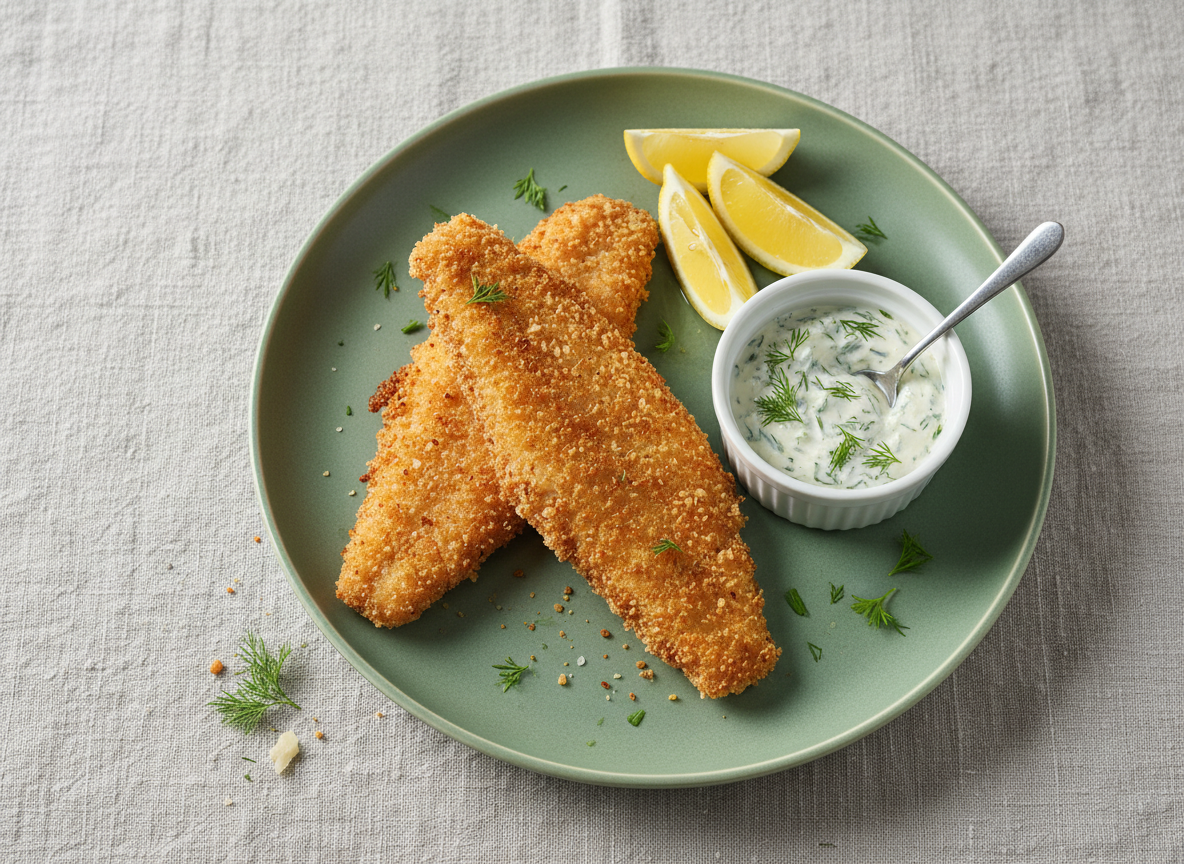 Two golden fried fish fillets on a sage green plate with lemon wedges and a small cup of tartar sauce speckled with green herbs, styled as a bright, appetizing food photograph on a neutral background.