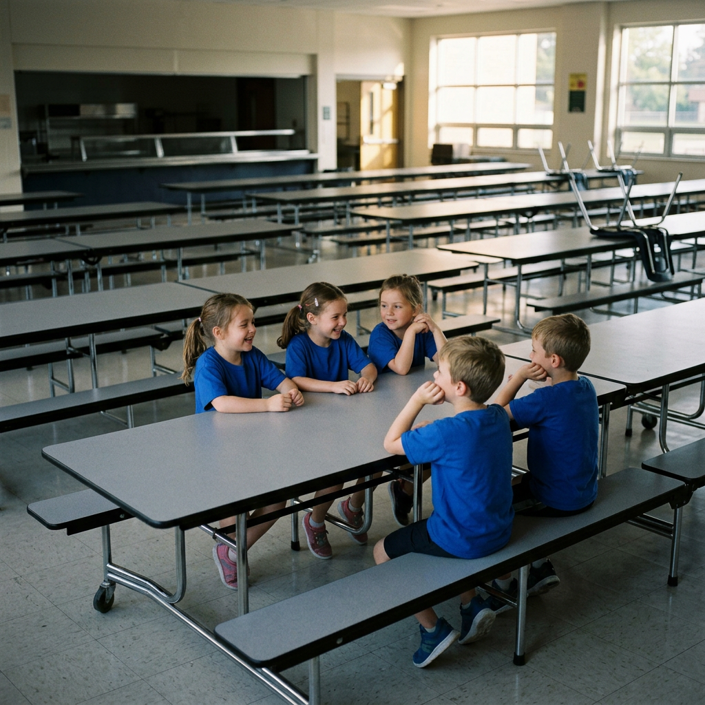 School children sit at an empty cafeteria table with no food over the summer. Carolina Cuisine Network offers family resources for finding free meal sites over the summer months.