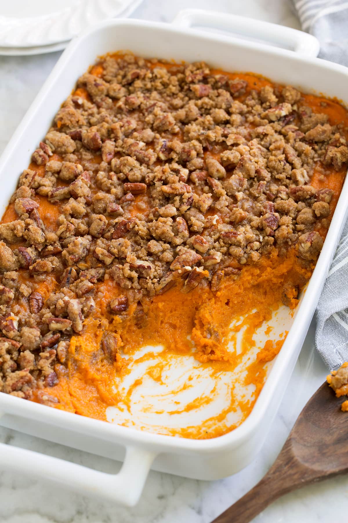 Swet potato casserole with crunchy pecan topping is a North Carolina specialty recipe